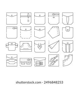 Patch Pocket Clothes Collection Icons Set Vector. Pocket With Clasp And Button For Storage Bullet And Knife, Credit Cards And Coins, Contour Illustrations