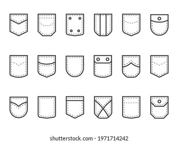 Patch Pocket. Clothes Pouches With Flaps, Buttons And Decor Seams. Types Set Of Decorative Elements For Jeans Or Shirt. Black And White Fashion Sewing Template. Vector Tailor Mockup