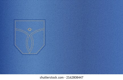 Patch Pocket Denim Vector Background, Blue Jeans Material Texture, Cotton Cloth Front View. Abstract Apparel Illustration