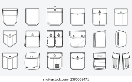 Patch pocket flat sketch vector illustration set, different types of Clothing Pockets  for jeans pocket, denim, sleeve arm, cargo pants, dresses, garments, Clothing and Accessories
