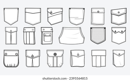 Patch pocket flat sketch vector illustration set, different types of Clothing Pockets  for jeans pocket, denim, sleeve arm, cargo pants, dresses, garments, Clothing and Accessories