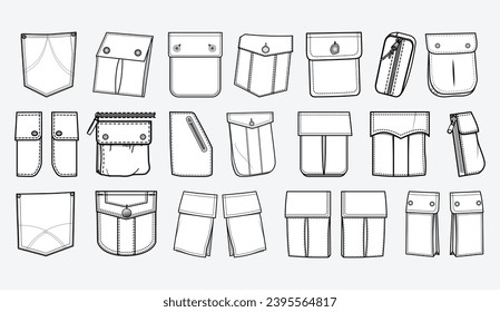 Patch pocket flat sketch vector illustration set, different types of Clothing Pockets  for jeans pocket, denim, sleeve arm, cargo pants, dresses, garments, Clothing and Accessories