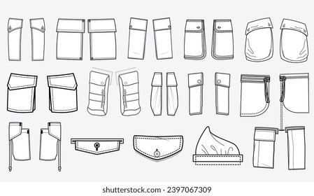 Patch pocket flat sketch vector illustration set, different types of Clothing Accordion Pockets for jeans pocket, denim, sleeve arm, cargo pants, dresses, bag, garments, Clothing and Accessories svg
