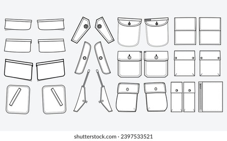 Patch pocket flat sketch vector illustration set, different types of Clothing Pockets for jeans pocket, denim, sleeve arm, cargo pants, dresses, bag, blazer, garments, Clothing and Accessories svg