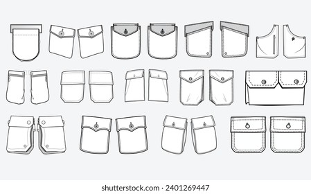 Patch pocket flat sketch vector illustration set, different types of Clothing Pockets for jeans pocket, denim, sleeve arm, cargo pants, dresses, bag, garments, Clothing and Accessories svg