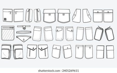 Patch pocket flat sketch vector illustration set, different types of Clothing Pockets for jeans pocket, denim, sleeve arm, cargo pants, dresses, bag, garments, Clothing and Accessories svg