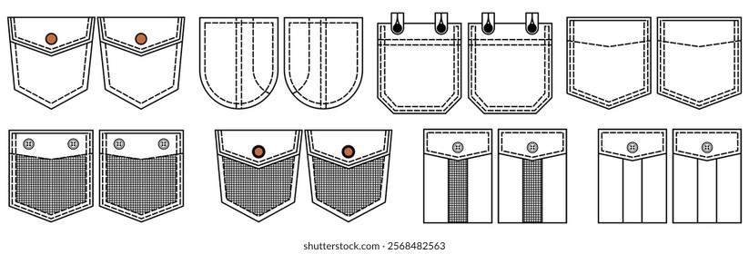 Patch pocket flat sketch vector illustration set, different types of Clothing Pockets for jeans pocket, denim, sleeve arm, cargo pants, dresses, bag, garments, Clothing and Accessories