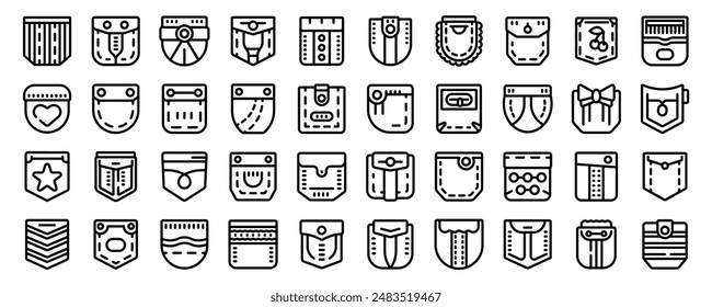 Patch pocket icons set. Fashion designers are developing a wide variety of pocket styles for clothing