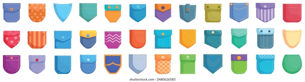 Patch-Pocket-Symbole festgelegt. Großes Set aus verschiedenen bunten Taschen mit Buttonen und Nähten für Schneider und Bekleidungsdesigner