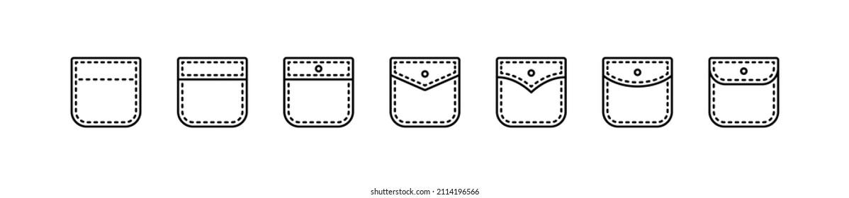 Patch Pocket. Jacket, Trousers, Dress, Jacket, Jeans, Coat, Shirt. Set of vector icons in linear style isolated on white background.