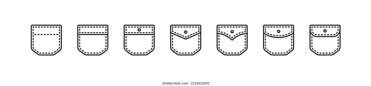 Bolsillo de parches. Chaqueta, Pantalones, Vestido, Chaqueta, Jeans, Abrigo, Camisa. Conjunto de iconos vectoriales en estilo lineal aislados en fondo blanco.