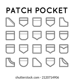 Patch pocket. Linear icon pocket jacket, jeans, uniform, coat, bag, dress, raincoat, shirt. The flap, button, seam in a simple linear style is isolated on white background.