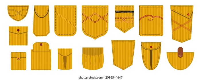 Patch pocket made of corduroy fabric. Yellow stripes on the pockets of the uniform with a seam.