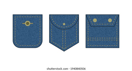 Patch pocket. Set of blue denim  bag vector icons. Uniform casual style jeans pockets patches. Jean shirt clothes isolated icon.