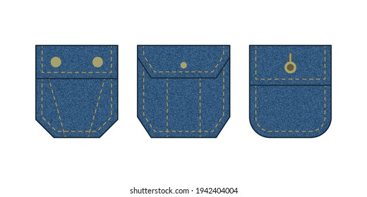 Patch pocket. Set of blue denim  bag vector icons. Uniform casual style jeans pockets patches. Jean shirt clothes isolated icon.