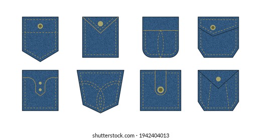 Patch pocket. Set of blue denim  bag vector icons. Uniform casual style jeans pockets patches. Jean shirt clothes isolated icon.