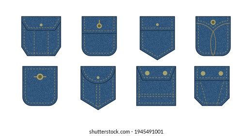 Patch pocket. Set of blue denim  bag vector icons. Uniform casual style jeans pockets patches. Jean shirt clothes isolated icon.