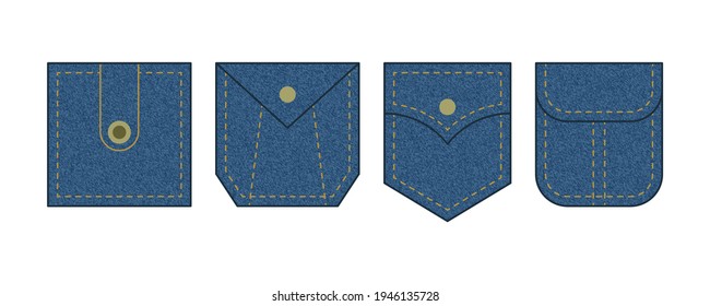 Patch pocket. Set of blue denim  bag vector icons. Uniform casual style jeans pockets patches. Jean shirt clothes isolated icon.