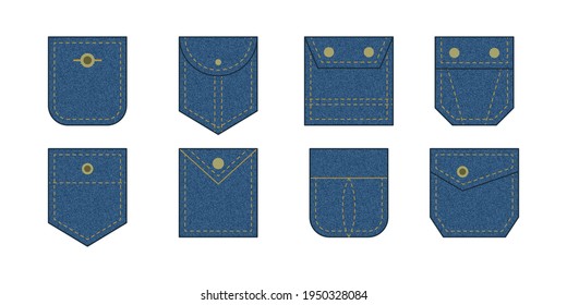 Patch pocket. Set of blue denim  bag vector icons. Uniform casual style jeans pockets patches. Jean shirt clothes isolated icon.