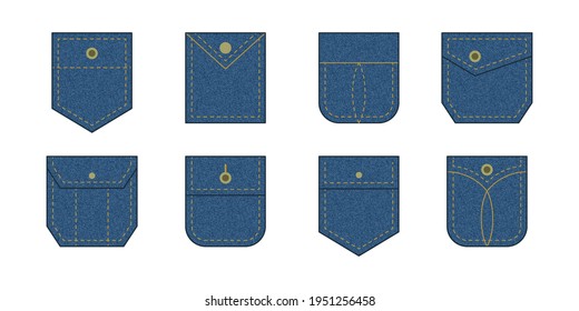 Patch pocket. Set of blue denim  bag vector icons. Uniform casual style jeans pockets patches. Jean shirt clothes isolated icon.