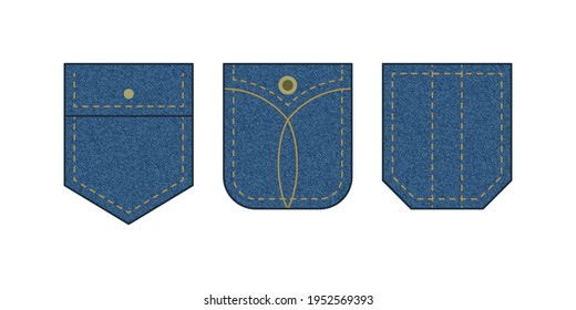 Patch pocket. Set of blue denim  bag vector icons. Uniform casual style jeans pockets patches. Jean shirt clothes isolated icon.