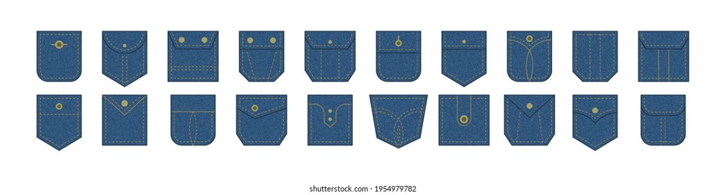 Patch Pocket. Set Of Blue Denim  Bag Vector Icons. Uniform Casual Style Jeans Pockets Patches. Jean Shirt Clothes Isolated Icon.