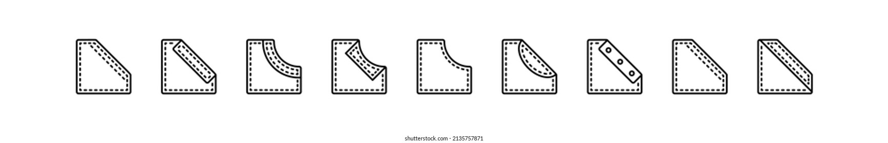 Iconos de juego de bolsillo de parches. Diseño elegante de ropa de trabajo, uniforme, ropa de cama, moda de café. Signo vectorial de estilo simple aislado en fondo blanco.