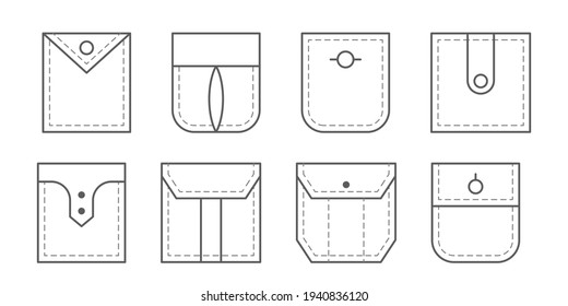Patch pocket. Set of outline bag vector icons. Uniform casual style denim pockets patches. Jean shirt clothes isolated icon.