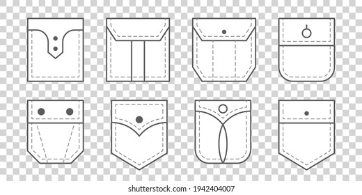 Patch pocket. Set of outline bag vector icons. Uniform casual style denim pockets patches. Jean shirt clothes isolated icon.