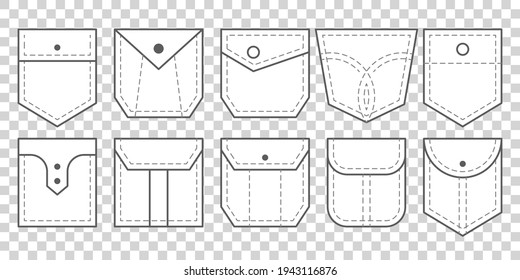 Patch pocket. Set of outline bag vector icons. Uniform casual style denim pockets patches. Jean shirt clothes isolated icon.