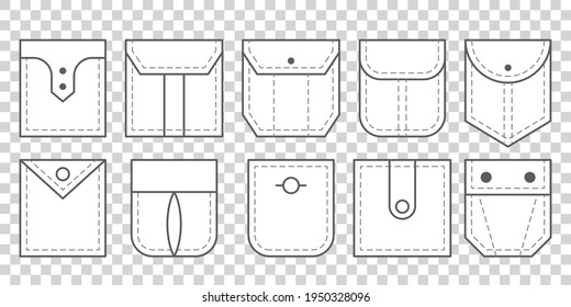 Patch pocket. Set of outline bag vector icons. Uniform casual style denim pockets patches. Jean shirt clothes isolated icon.