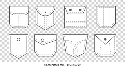 Patch pocket. Set of outline bag vector icons. Uniform casual style denim pockets patches. Jean shirt clothes isolated icon.