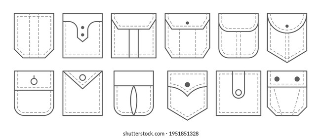 Patch pocket. Set of outline bag vector icons. Uniform casual style denim pockets patches. Jean shirt clothes isolated icon.