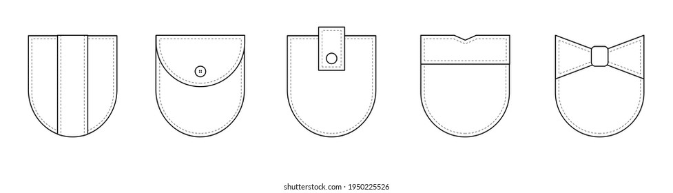 Patch pocket. Set of uniform patch pockets shapes for clothes, dress, shirt, casual denim style. Isolated icons