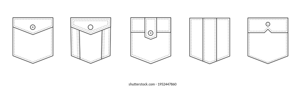 Patch pocket. Set of uniform patch pockets shapes for clothes, dress, shirt, casual denim style. Isolated icons