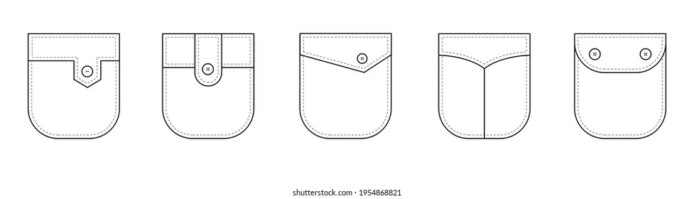Patch pocket. Set of uniform patch pockets shapes for clothes, dress, shirt, casual denim style. Isolated icons