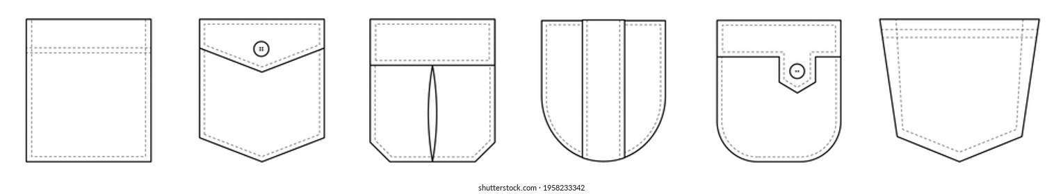 Patch pocket. Set of uniform patch pockets shapes for clothes, dress, shirt, casual denim style. Isolated icons