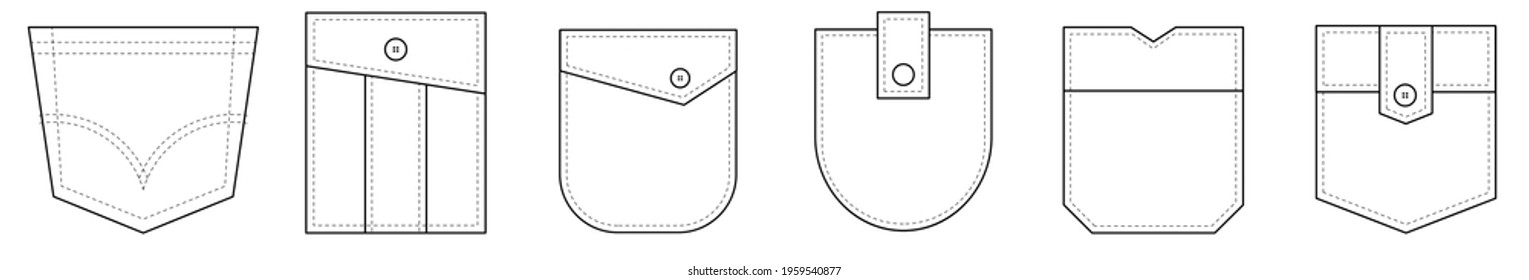 Patch pocket. Set of uniform patch pockets shapes for clothes, dress, shirt, casual denim style. Isolated icons