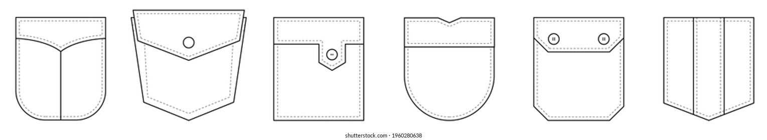 Patch pocket. Set of uniform patch pockets shapes for clothes, dress, shirt, casual denim style. Isolated icons