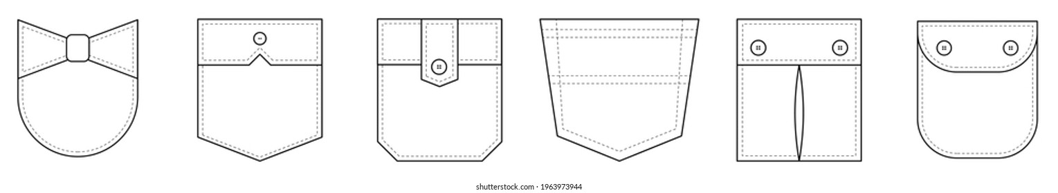 Patch pocket. Set of uniform patch pockets shapes for clothes, dress, shirt, casual denim style. Isolated icons