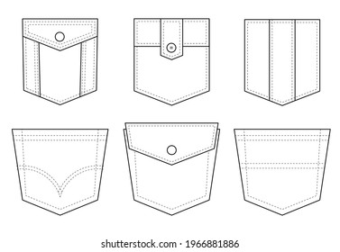 Patch pocket. Set of uniform patch pockets shapes for clothes, dress, shirt, casual denim style. Isolated icons