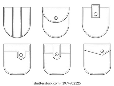 Patch pocket Set . Uniform patch pockets shapes for clothes, dress, shirt, casual denim style. Isolated icons