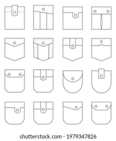 Patch pocket. Set of uniform patch pockets shapes for clothes, dress, shirt, casual denim style. Isolated icons