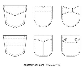 Patch pocket. Set of uniform patch pocket shapes for clothes, dress, shirt, casual denim style. Isolated icons