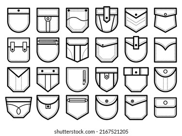Patch pocket. Shirt and pants clothes pockets patches with buttons and zip lines. Isolated white vector set. Illustration of pocket pants, cloth seam denim, shape collection