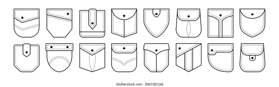 Icono de la línea vectorial de la camisa de bolsillo del parche diferentes formas con botones, punto negro, vista frontal. Ilustración de ropa