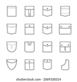 Patch Pocket. Uniform Clothes Pockets With Seam And Flap. Jacket, Woman And Men Denim Or Jean Pants And Casual Shirt Outline Vector Different Shape Pockets Set With Button, Seam, Stitch And Sewing