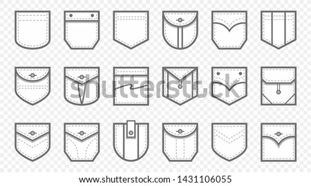 Patch pocket. Uniform clothes pockets patches with seam, patched denim pocket line. Casual style pocketful dress clothes, shirt arms pocket icons. Isolated icon vector set