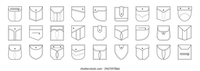 Patch pocket vector icon, buttons and dotted line seam of jeans shirt and pants. Clothes pockets different shapes outline casual style. Front view. Fashion illustration