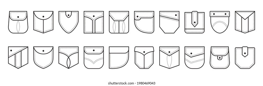 Patch pocket vector icon, buttons and dotted line seam of jeans shirt and pants. Denim clothes pockets different shapes casual style. Front view. Fashion illustration